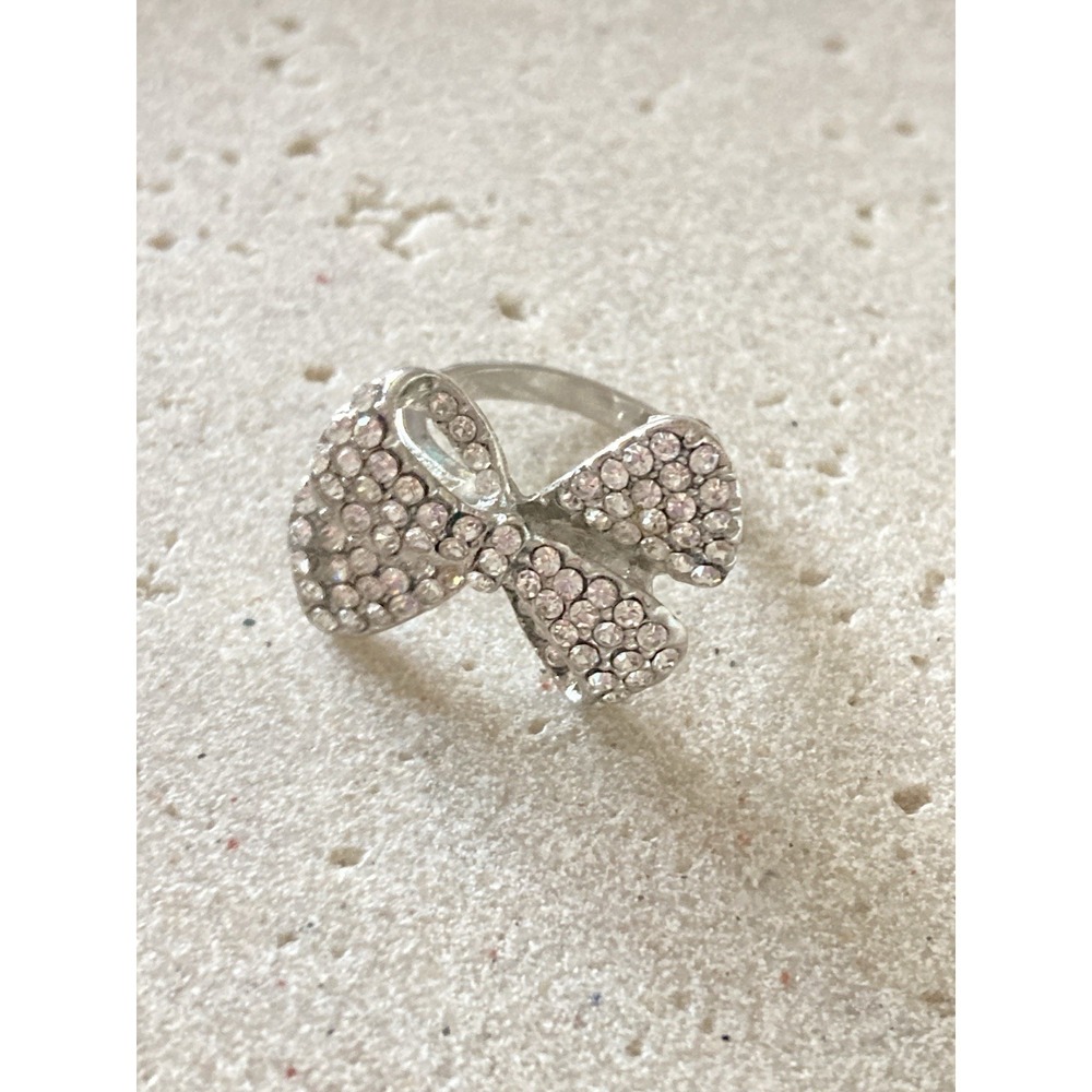 Silver Tone Bow‎ Ring Clear Rhinestone Pave Fashion Ring Feminine Statement